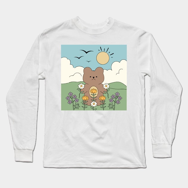 Cute Little Bear With Flowers Long Sleeve T-Shirt by FabDesign